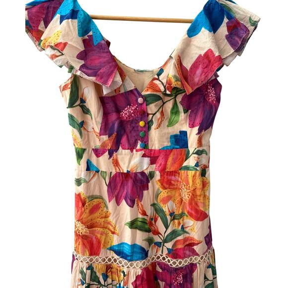 FARM Rio Vibrant Mary’s Garden Frilled Top Midi Dress Size Small - Picture 12 of 14